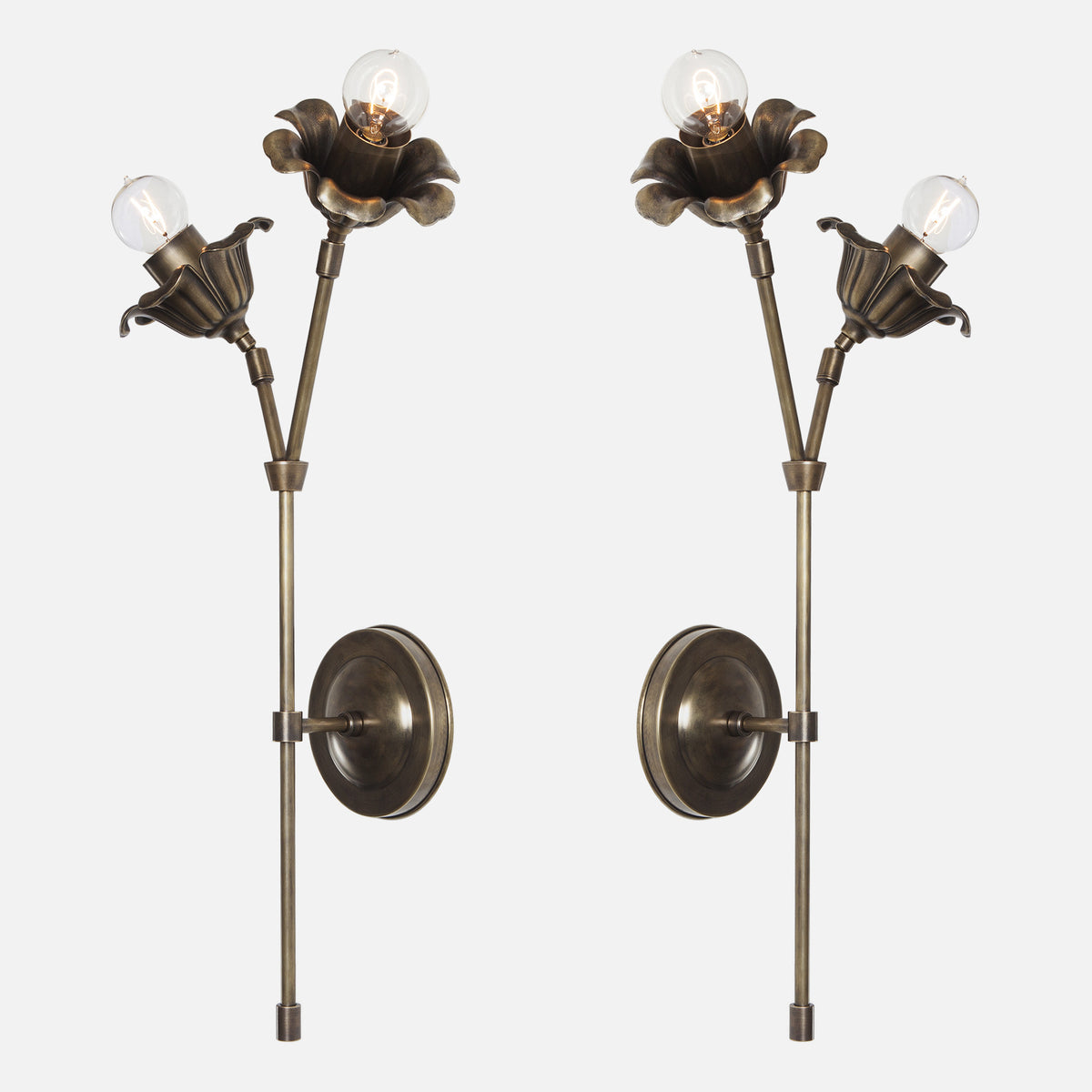 Bloom Double Stem Wall Sconce Mirrored Pair in Vintage Brass