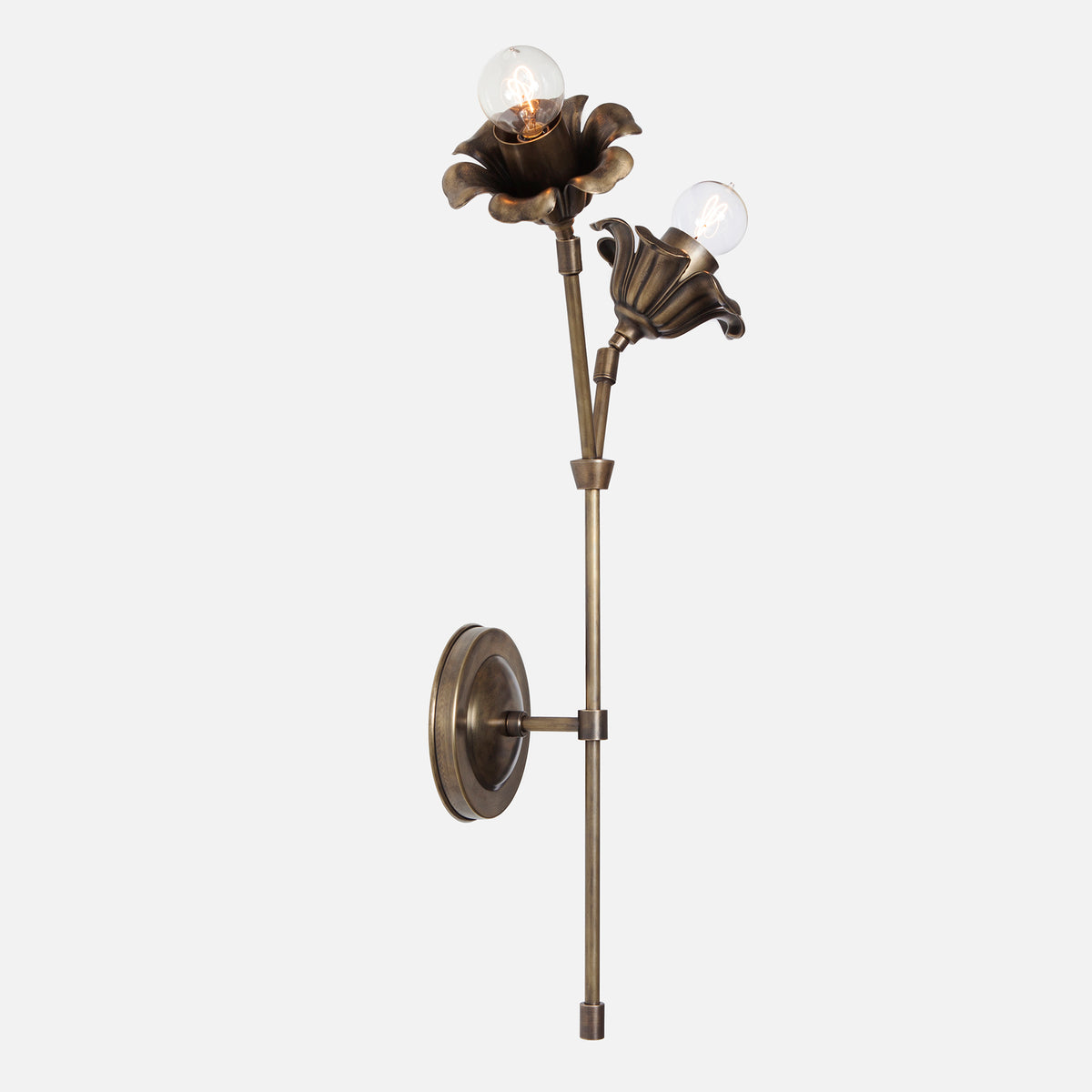 Bloom Wall Sconce Double Stem Tall Flower Left in Vintage Brass Side View