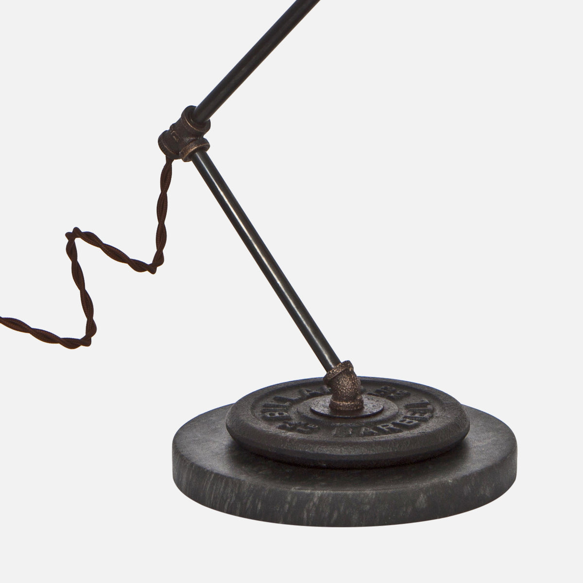 Vintage Barbell &amp; Honed Marble Base Detail - Brass Pipe Table Lamp