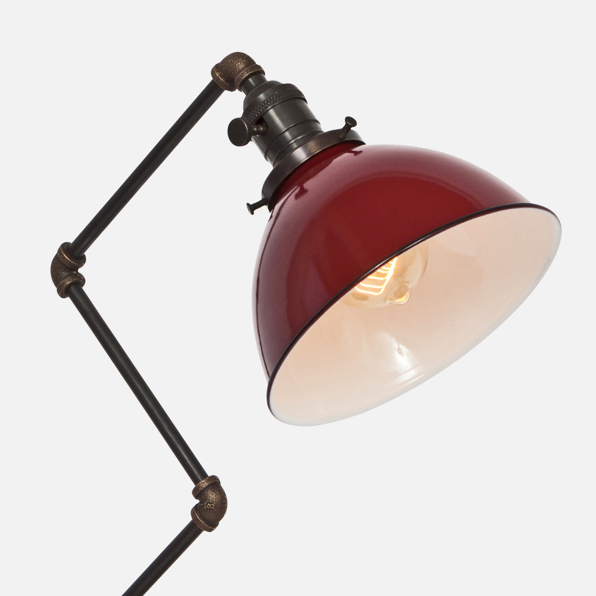 Red Porcelain Enamel Dome Shade Detail - Zig Brass Pipe Table Lamp