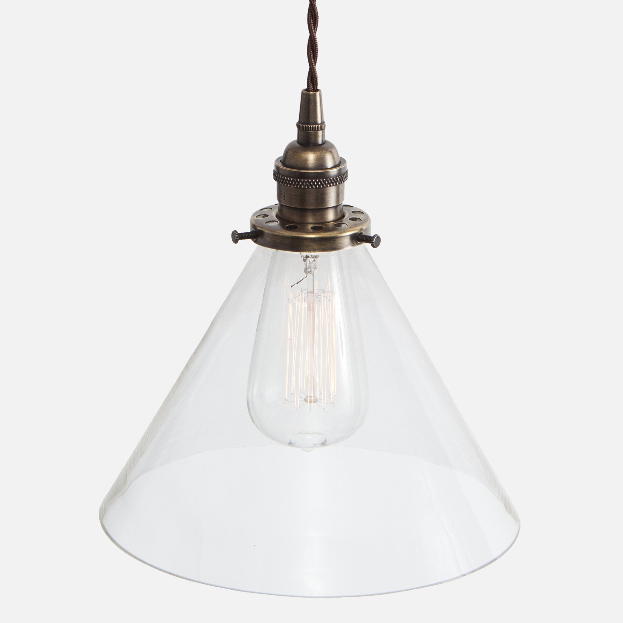 Vintage Socket Pendant Light - Clear Glass Cone Shade - Vintage Brass Patina