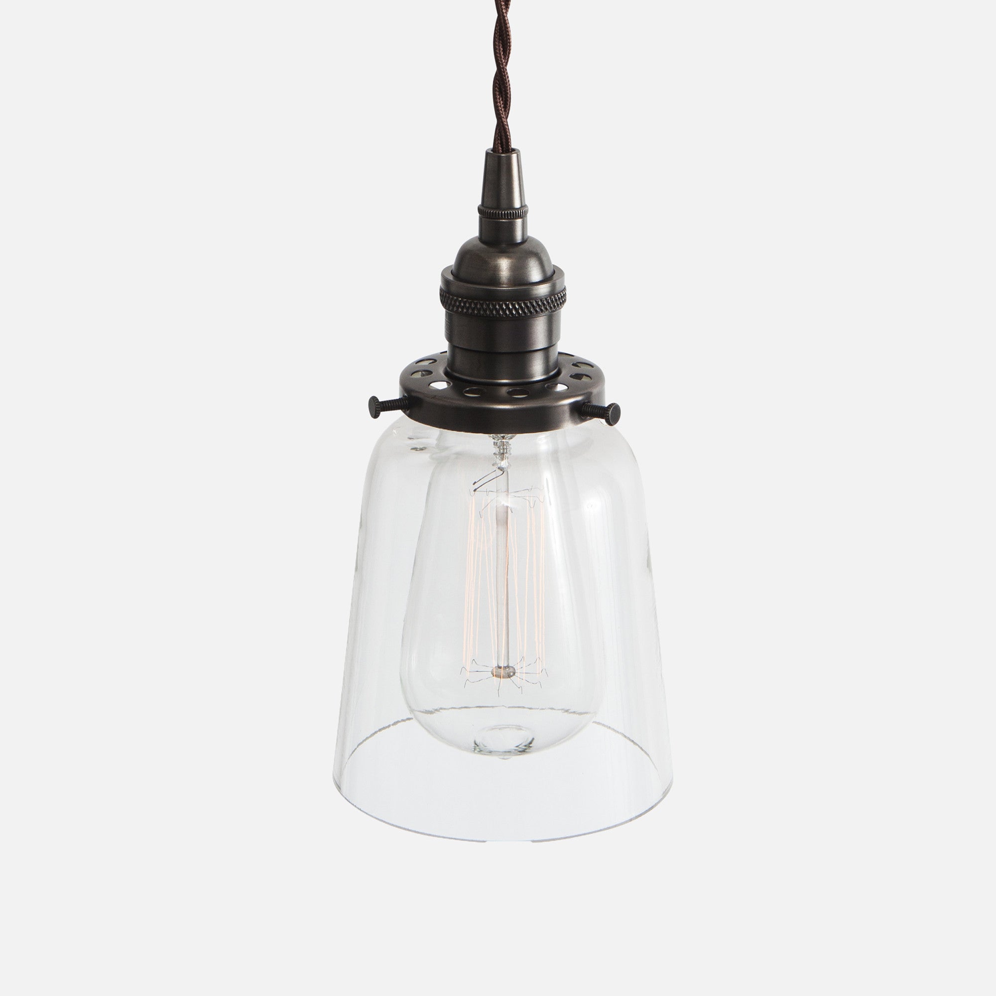 Vintage Socket Pendant Light - Clear Glass Straight Bell Shade - Ebonized Brass Patina