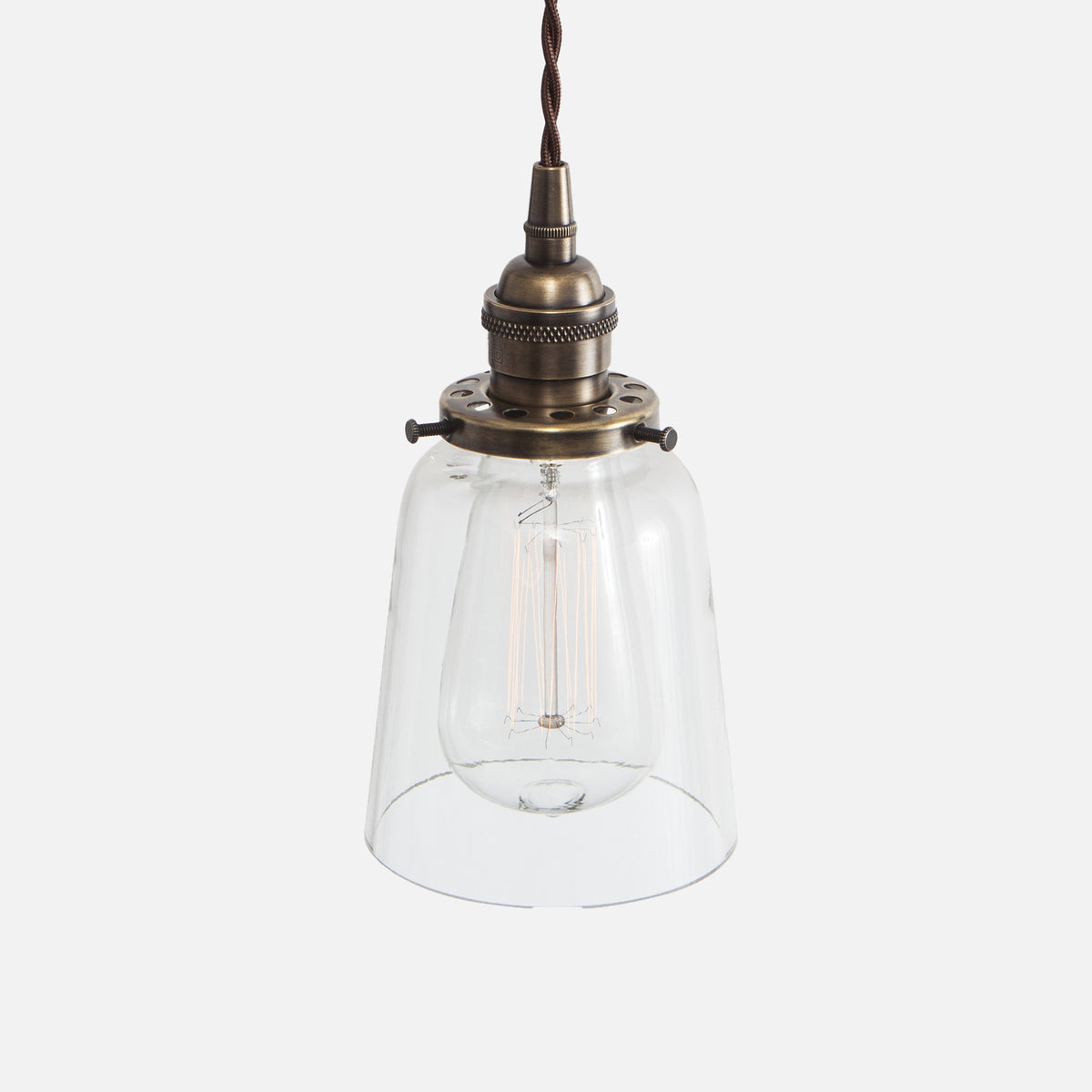 Vintage Socket Pendant Light - Clear Glass Straight Bell Shade - Vintage Brass Patina