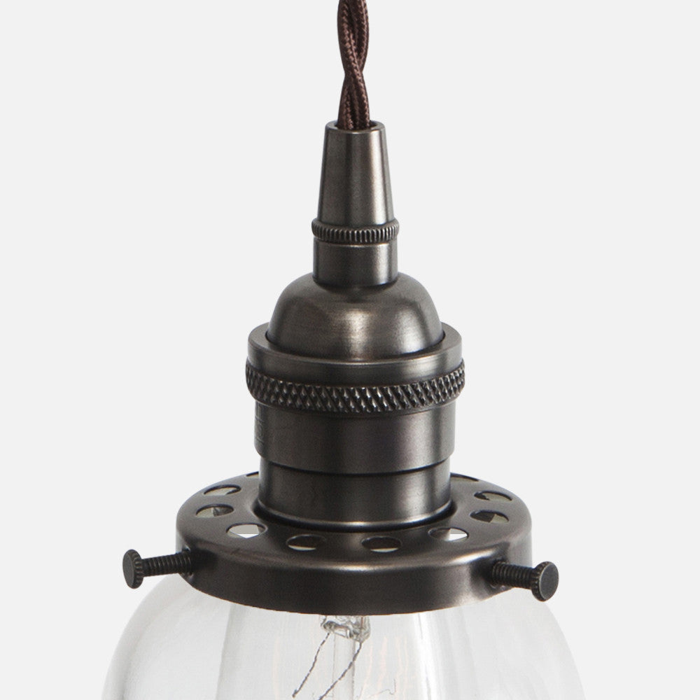 Vintage Classic Pendant Light - Clear Glass Curved Bell Shade - Detail - Ebonized Brass Patina