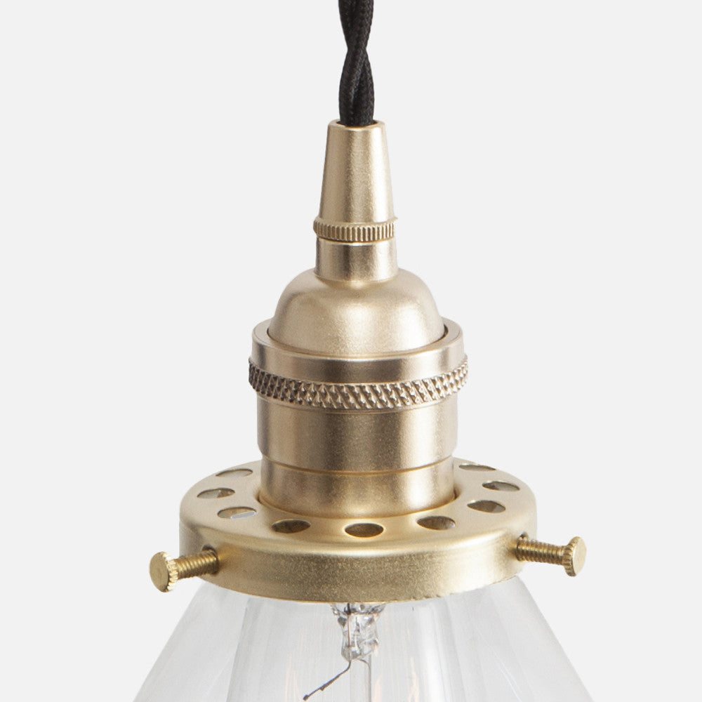 Vintage Socket Pendant Light - Clear Glass Cone Shade - Detail - Raw Brass Patina