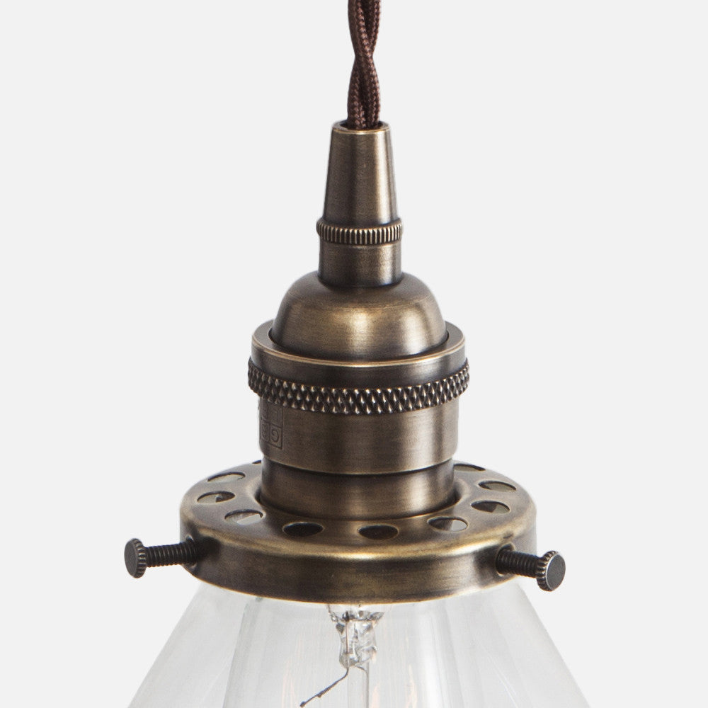 Vintage Socket Pendant Light - Clear Glass Cone Shade - Detail - Vintage Brass Patina