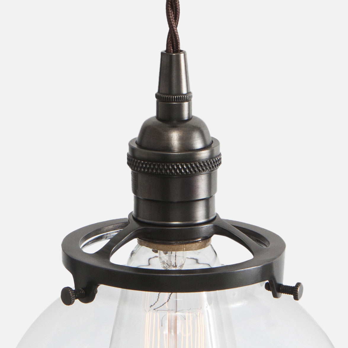 Vintage Brass Socket Detail - Clear Glass Globe Pendant Light- Ebonized Brass Patina